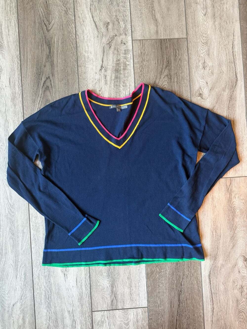 Elliott Lauren V-Neck Sweater Size XS Navy Blue Striped